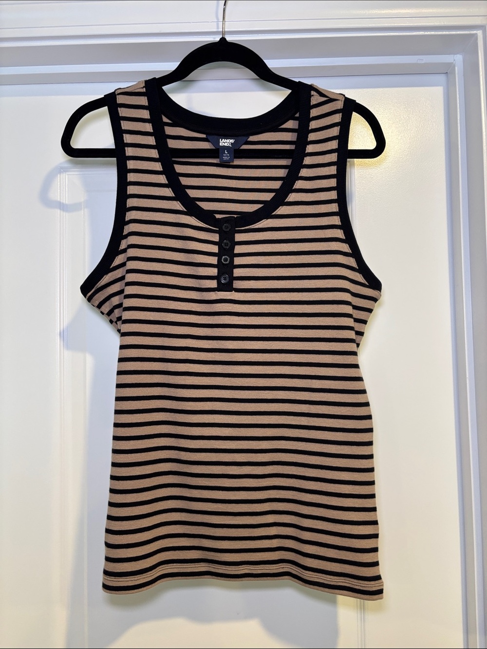 NWOT Lands' End Black and Tan Striped Henley Tank Top